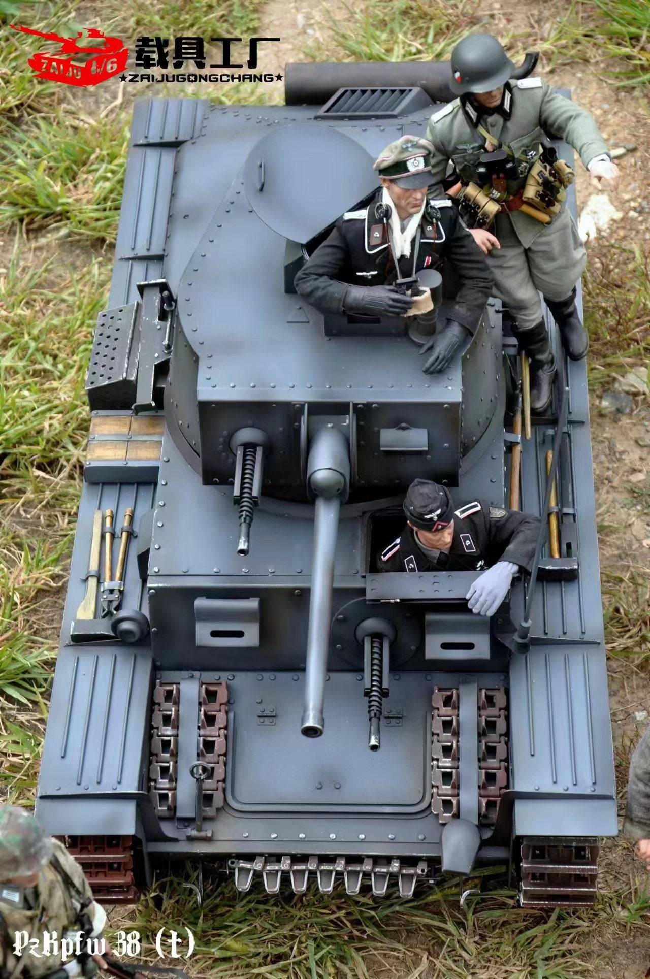The eaxtoys 1/6 scale Panzerkampfwagen 38(t) model features four historically uniformed figures on a grassy terrain, depicted as operating or inspecting the WWII German tank, ideal for military model enthusiasts.