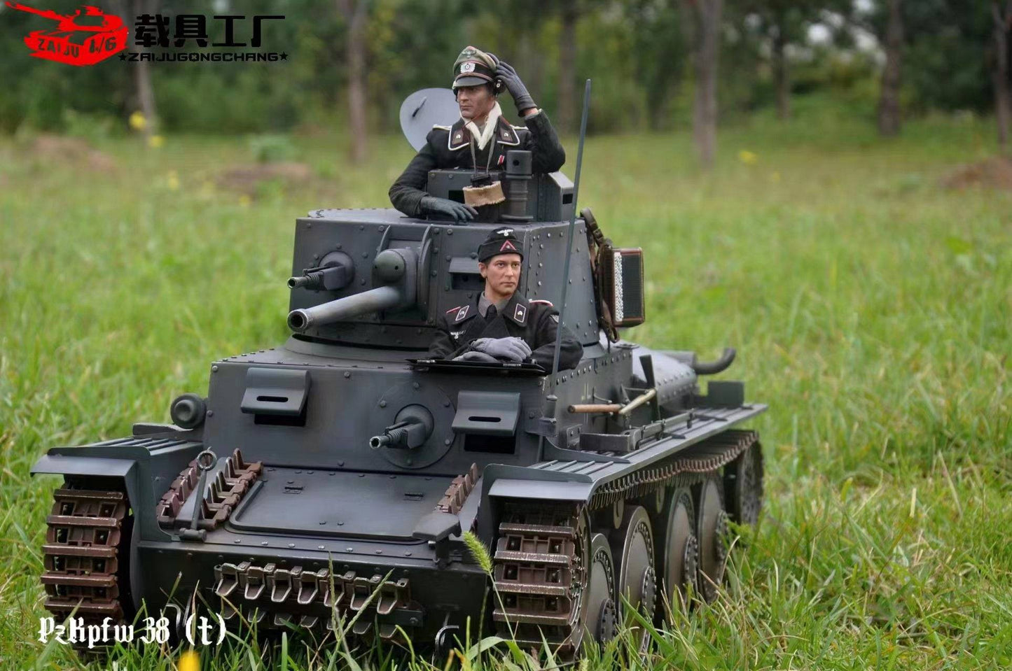 The eaxtoys 1/6 scale Panzerkampfwagen 38(t) model is on grass with two military figures; one stands in the turret and the other sits below. Ideal for military enthusiasts, it features detailed elements like a cannon and caterpillar tracks.