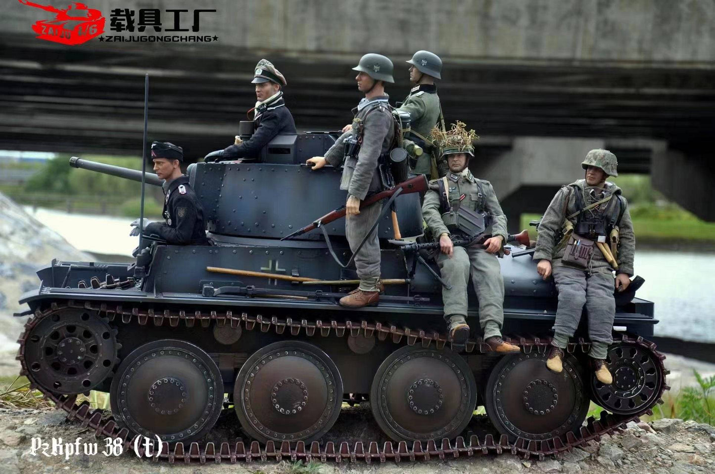 Five toy soldiers in diverse uniforms are positioned around a highly detailed eaxtoys 1/6 scale Panzerkampfwagen 38(t) by the river, with a bridge in the background. The scene, surrounded by grass and water, captivates military model enthusiasts.