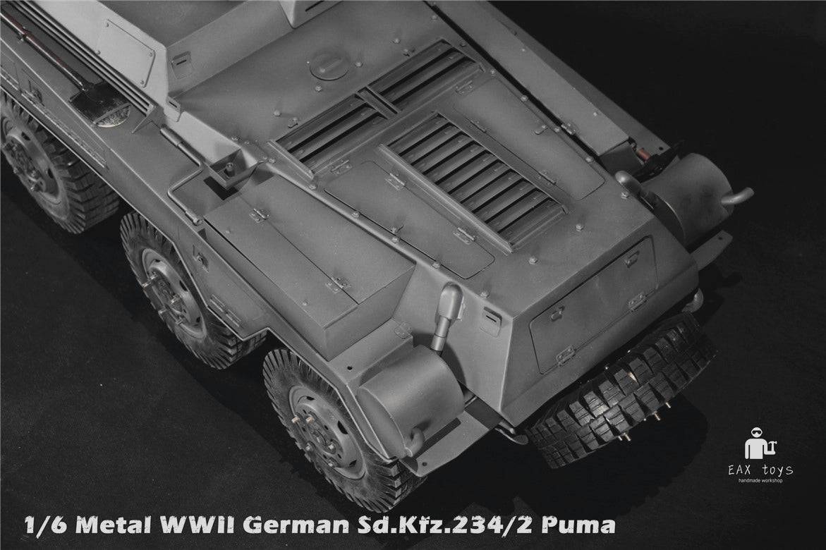 Close-up of the rear section of the EAXTOYS 1/6 scale WWII German Sd.Kfz.234/2 Puma model, showcasing detailed metal craftsmanship.