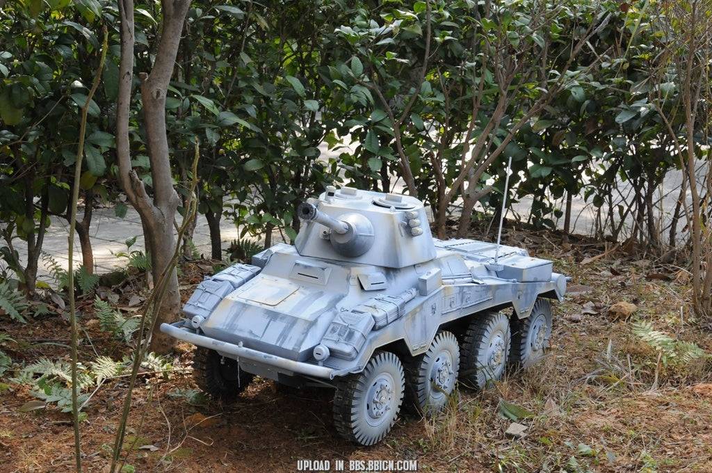 Front view of the EAXTOYS 1/6 scale WWII German Sd.Kfz.234/2 Puma model in a natural outdoor environment.