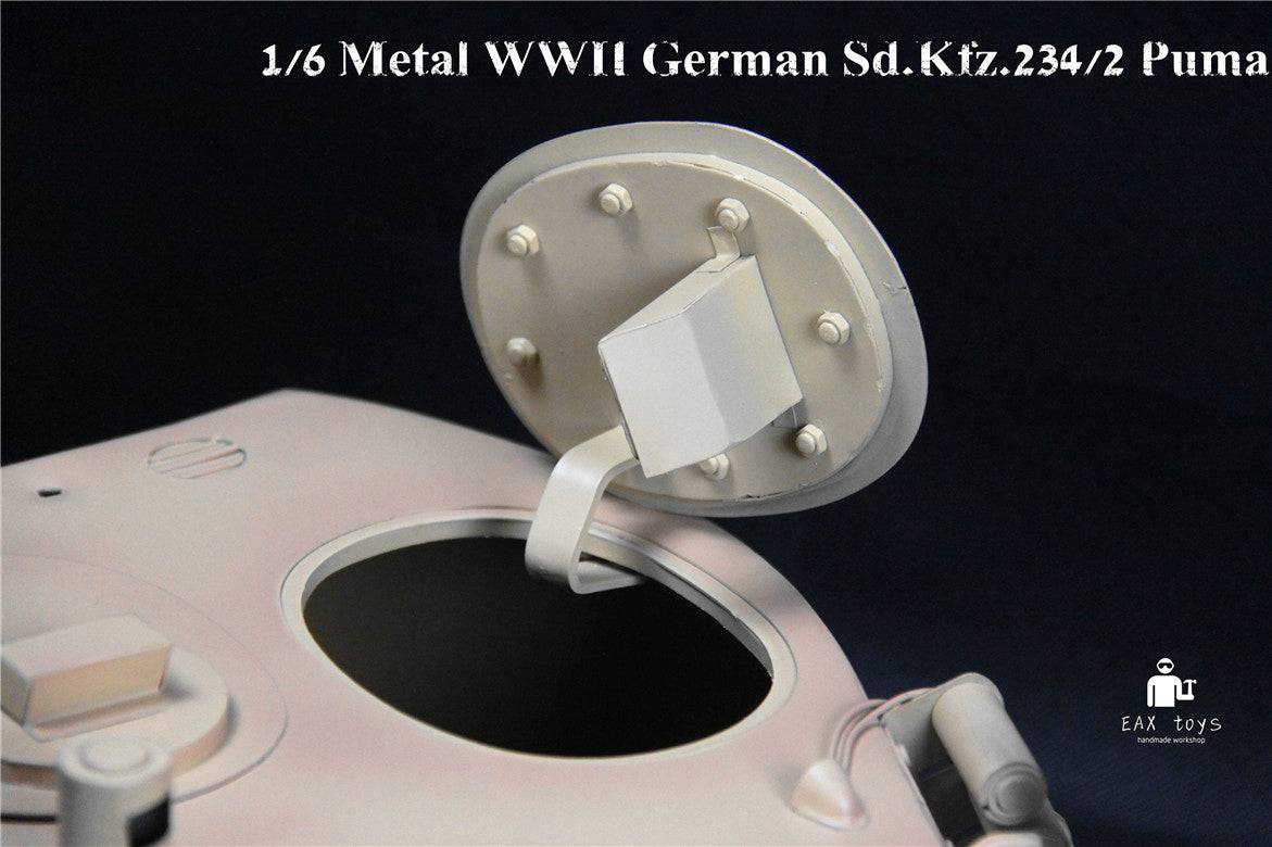 Close-up of the open hatch on the EAXTOYS 1/6 scale WWII German Sd.Kfz.234/2 Puma model, showcasing its intricate design.